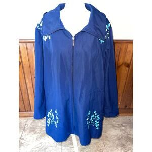 NEW Womens Dennis Basso‎ Hooded Navy Blue Zip Up Coat Floral Detail Size 2X